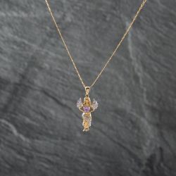 Second Hand 9ct Yellow Gold Amethyst & Diamond Angel Pendant & 18 Inch Curb Chain 41142878