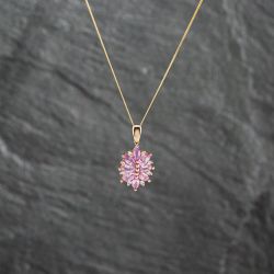 Second Hand 9ct Yellow Gold White & Pink Sapphire Cluster Pendant & 18 Inch Curb Chain 41142880