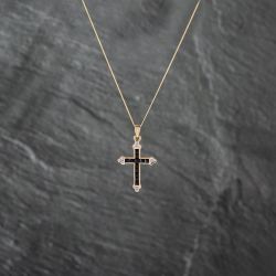 Second Hand 9ct Yellow Gold Sapphire & Diamond Cross Pendant & 18 Inch Curb Chain 41142884