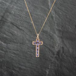 Second Hand 9ct Yellow Gold Lolite Cross Pendant & 18 Inch Curb Chain 41142890