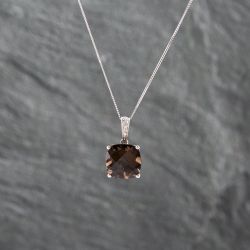 Second Hand 9ct White Gold Smoky Quartz & Diamond Cushion Shaped Pendant & 18 Inch Curb Chain 41142891