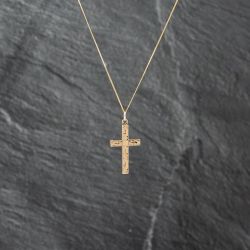 Second Hand 9ct Yellow Gold Foliate Engraved Cross Pendant & 18 Inch Curb Chain 41142901