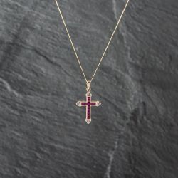 Second Hand 9ct Yellow Gold Ruby & Diamond Cross Pendant & 18 Inch Curb Chain 41142903