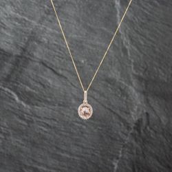 Second Hand 9ct Yellow Gold Morganite & Cubic Zirconia Oval Cluster Pendant & 18 Inch Curb Chain 41142918