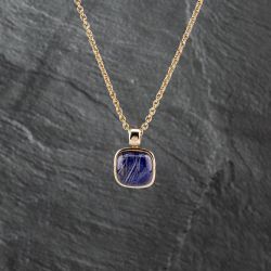 Second Hand 9ct Yellow Gold Lapis Based Rutilated Quartz Cushion Shaped Cabochon Pendant & 19 Inch Belcher Chain 41142926