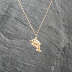 Second Hand 9ct Yellow Gold Mother And Baby Dolphin Pendant & 18 Inch Trace Chain 41142929
