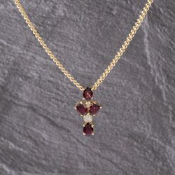 Second Hand 9ct Yellow Gold Tourmaline & 0.03ct Diamond Cross Pendant & 18 Inch Curb Chain 41142933