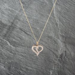 Second Hand 9ct Yellow Gold Diamond Open Heart Pendant & 18 Inch Curb Chain 41142945