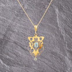 Second Hand Vintage Yellow Gold Aquamarine Decorative Openwork Dropper Pendant & 20 Inch Prince Of Wales Chain 41142951