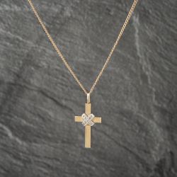 Second Hand 9ct Two Colour Gold Diamond Plain Cross Pendant & 17 Inch Curb Chain 41142959