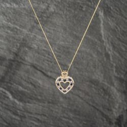 Second Hand 9ct Yellow Gold Sapphire & 0.08ct Diamond Heart Pendant & 18 Inch Curb Chain 41142968