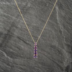 Second Hand 9ct Yellow Gold Amethyst Graduating Bar Link Gemstone Pendant & 18 Inch Curb Chain 41142970