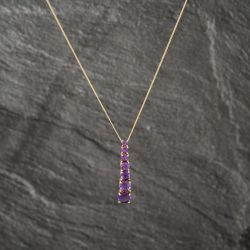 Second Hand 9ct Yellow Gold Amethyst Graduated Pendant & 18 Inch Curb Chain 41142990