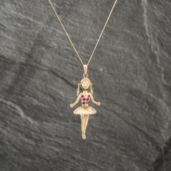 Second Hand 9ct Yellow Gold Pink Synthetic Stone Ballerina Pendant & 18 Inch Curb Chain 41142992