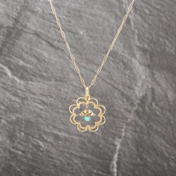 Second Hand Vintage Yellow Gold Turquoise & Seed Pearl Pendant & 18 Inch Fancy Chain 41143013