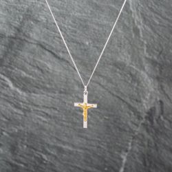 Second Hand 9ct Two Colour Gold Crucifix Cross Pendant & 18 Inch Curb Chain 41143038