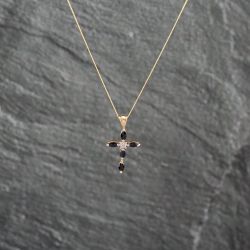 Second Hand 9ct Yellow Gold Sapphire & Diamond Cross Pendant & 18 Inch Curb Chain 41143065