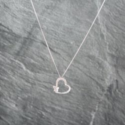 Second Hand 9ct White Gold Brilliant Cut Diamond Open Heart Butterfly Pendant & 18 Inch Curb Chain 41143073