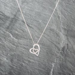 Second Hand 9ct White Gold 0.10ct Brilliant Cut Diamond Open Heart Double Pendant & 18 Inch Curb Chain 41143074