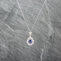 Second Hand 18ct White Gold Sapphire & Brilliant Cut Diamond Ornate Gemstone Pendant & 18 Inch Curb Chain 41143079