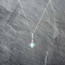 Second Hand 14ct White Gold Opal & 0.10ct Brilliant Cut Emerald Diamond Gemstone Pendant & 17 Inch Curb Chain 41143081