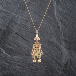 Second Hand 9ct Yellow Gold Multi Stone Clown Pendant & 18 Inch Curb Chain 41143089