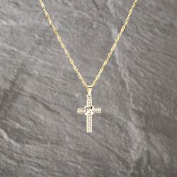 Second Hand 9ct Two Colour Gold Cubic Zirconia Cross Pendant & 18 Inch Curb Chain 41143106