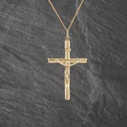 Second Hand 9ct Yellow Gold Crucifix Cross Pendant & 16 Inch Curb Chain 41143116