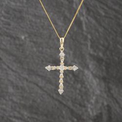 Second Hand Yellow Gold 0.22ct Diamond Set Cross Pendant & 18 Inch Curb Chain 41143117