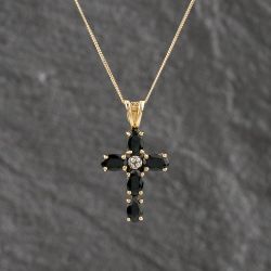 Second Hand Yellow Gold Sapphire & 0.05ct Diamond Set Cross Pendant & 18 Inch Curb Chain 41143119