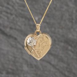 Second Hand 9ct Two Colour Gold I Love You Heart Locket Pendant & 18 Inch Curb Chain 41143128