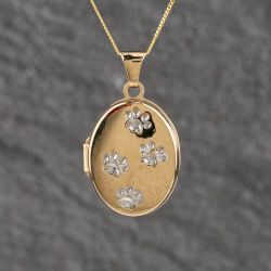 Second Hand 9ct Two Colour Gold Paw Prints Oval Locket Pendant & 18 Inch Curb Chain 41143129