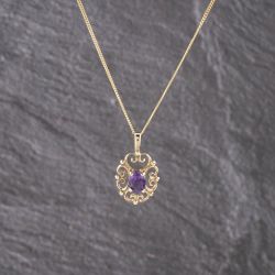 Second Hand 9ct Yellow Gold Amethyst Oval Filigree Pendant & 17 Inch Curb Chain 41143161