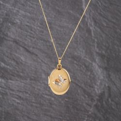 Second Hand Vintage 9ct Two Colour Gold Oval Relief Butterfly Locket Pendant & 18 Inch Curb Chain 41143169