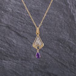 Second Hand 9ct Yellow Gold Amethyst & 0.03ct Diamond Fan Dropper Pendant & 18 Inch Prince Of Wales Chain 41143189