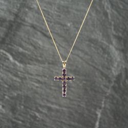 Second Hand 9ct Yellow Gold Amethyst Set Cross Pendant & 18 Inch Curb Chain 41143201