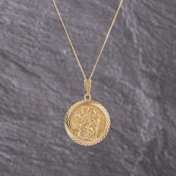 Second Hand 9ct Yellow Gold Round St Christopher Pendant & 18 Inch Curb Chain 41143238