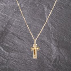 Second Hand 9ct Yellow Gold Crucifix Cross Pendant & 24 Inch Prince Of Wales Chain 41143242