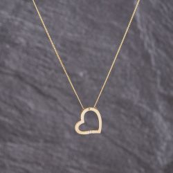 Second Hand 9ct Yellow Gold Cubic Zirconia Openwork Heart Slider Pendant & 18 Inch Curb Chain 41143261