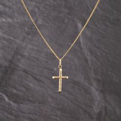 Second Hand 9ct Yellow Gold Engraved Cross Pendant & 16 Inch Curb Chain 41143287