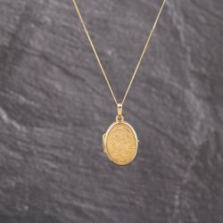 Second Hand 9ct Yellow Gold Oval Patterned Locket Pendant & 18 Inch Curb Chain 41143289
