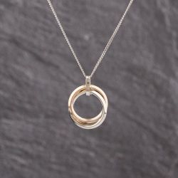 Second Hand 9ct Two Colour Gold Cubic Zirconia Set Double Circle Pendant & 18 Inch Curb Chain 41143298