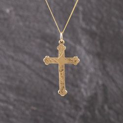 Second Hand 9ct Yellow Gold Engraved Cross Pendant & 18 Inch Curb Chain 41143316