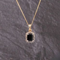 Second Hand 9ct Yellow Gold Sapphire Square Gemstone Pendant & 18 Inch Curb Chain 41143328