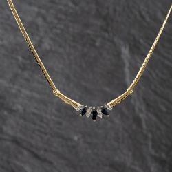 Second Hand 18ct Yellow Gold Sapphire & 0.15ct Diamond Set Bar Pendant & 16 Inch Curb Chain 41143352