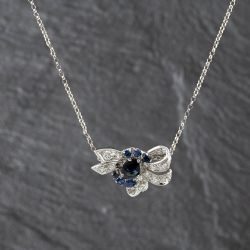 Second Hand 14ct White Gold Sapphire & 0.82ct Brilliant Cut Diamond Fancy Bow Pendant & 16 Inch Belcher Chain 41143353