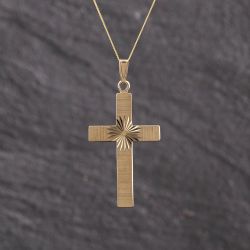 Second Hand 9ct Yellow Gold Patterned Cross Pendant & 18 Inch Curb Chain 41143362
