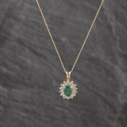 Second Hand 9ct Yellow Gold Emerald & Diamond Oval Pendant & 18 Inch Prince Of Wales Chain 41143373