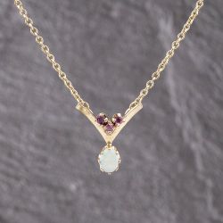Second Hand 9ct Yellow Gold Ruby & Opal V Shape Pendant & 16 Inch Belcher Chain 41143374