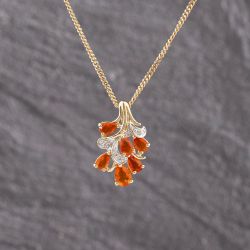Second Hand 9ct Two Colour Gold Fire Opal & 0.04ct Diamond Cluster Pendant & 24 Inch Curb Chain 41143375